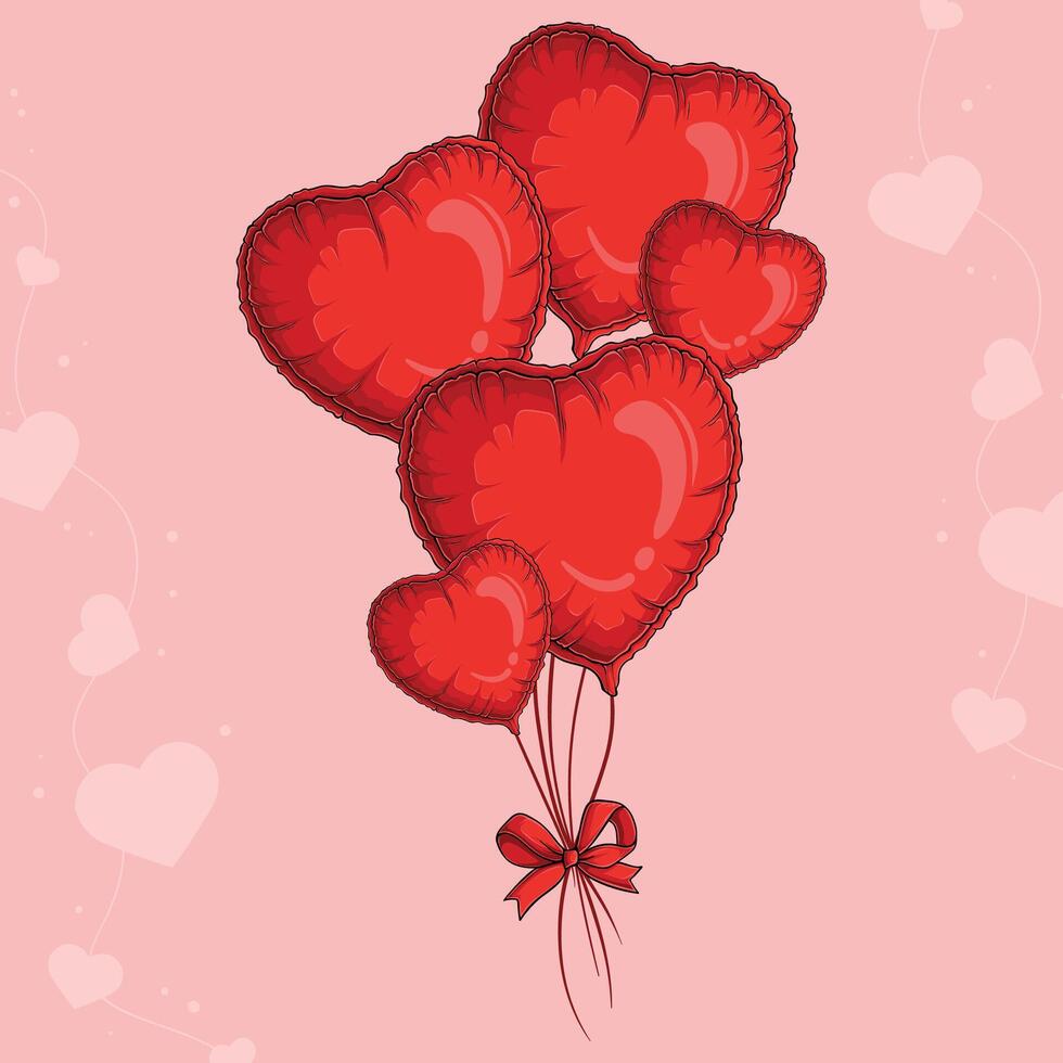 ritad för hand hjärtformade ballonger bukett, flygande samling bunden med en röd rosett vektor