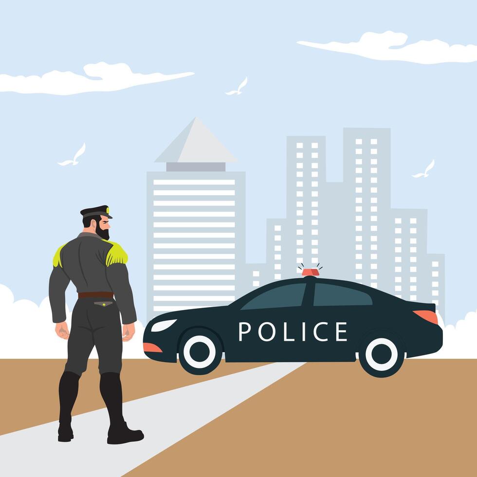 Polizei Offizier Stehen in der Nähe von Polizei Wagen. Vektor Illustration im eben Stil.