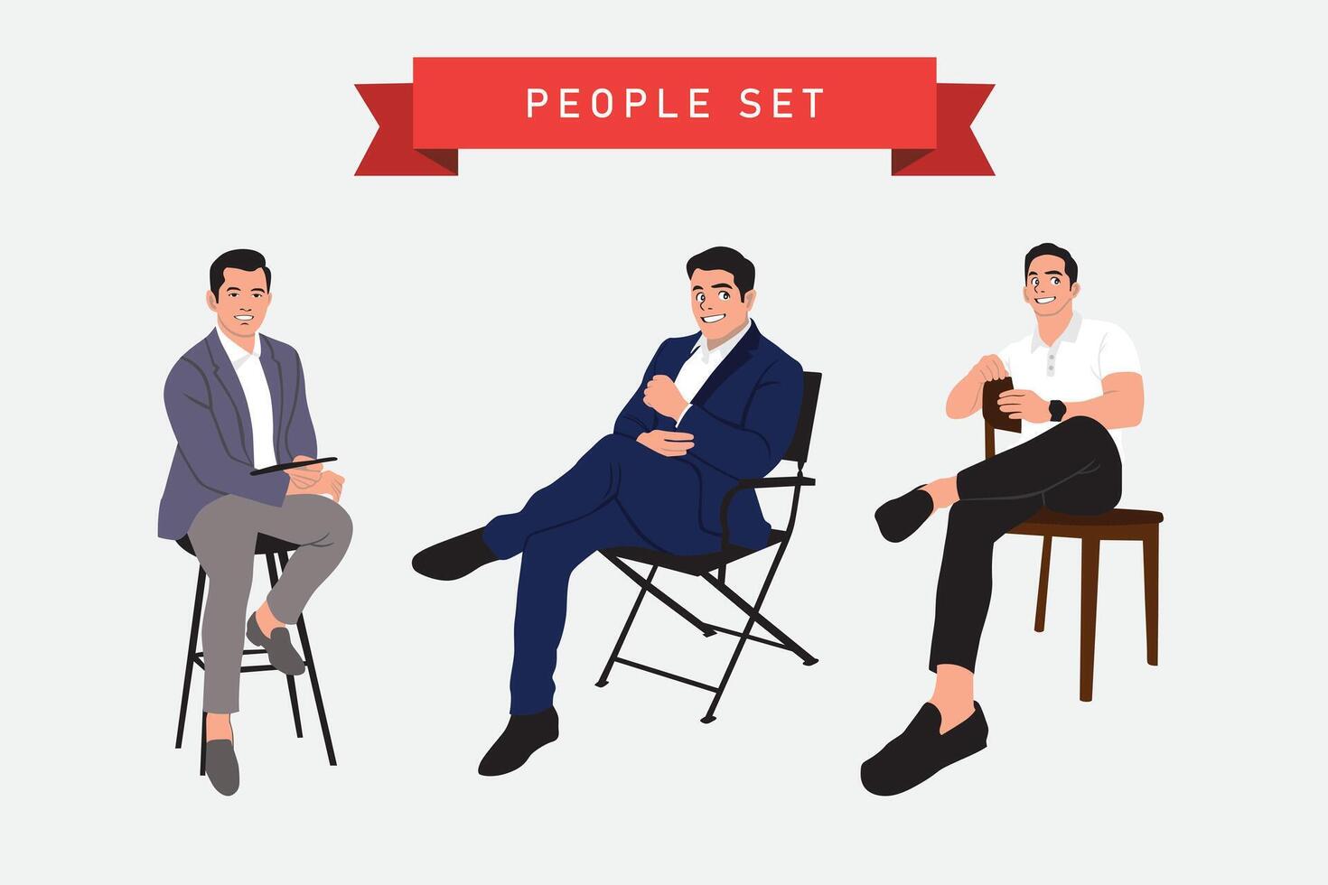 Menschen sitzen auf Stühle. Vektor Illustration im eben Karikatur Stil. Menschen sitzen auf Stühle.