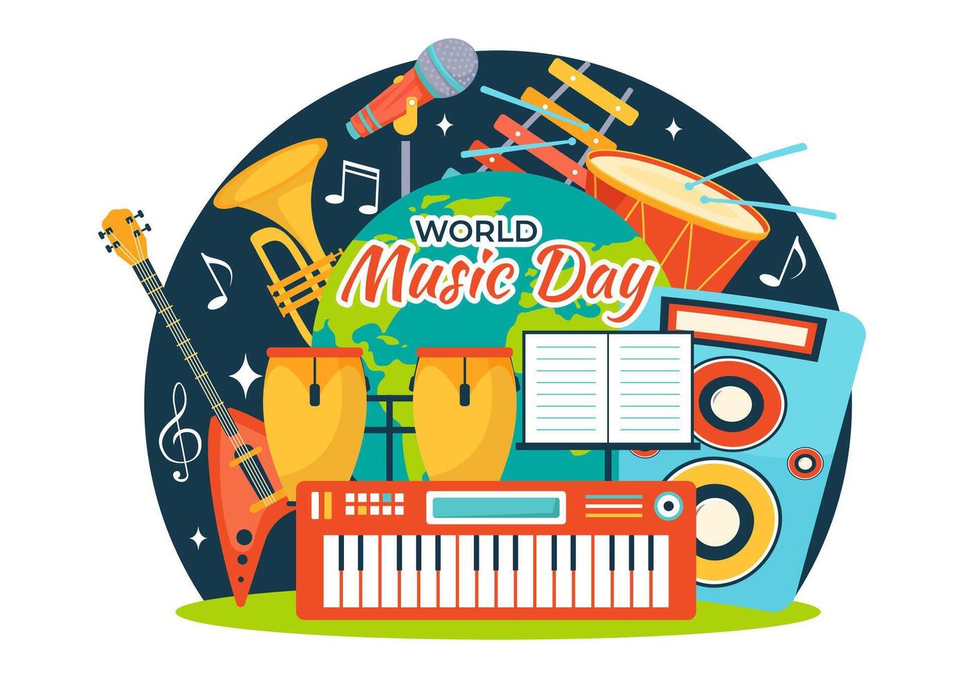 Welt Musik- Tag Vektor Illustration auf 21 Juni mit verschiedene Musical Instrumente und Anmerkungen im eben Karikatur Hintergrund Design