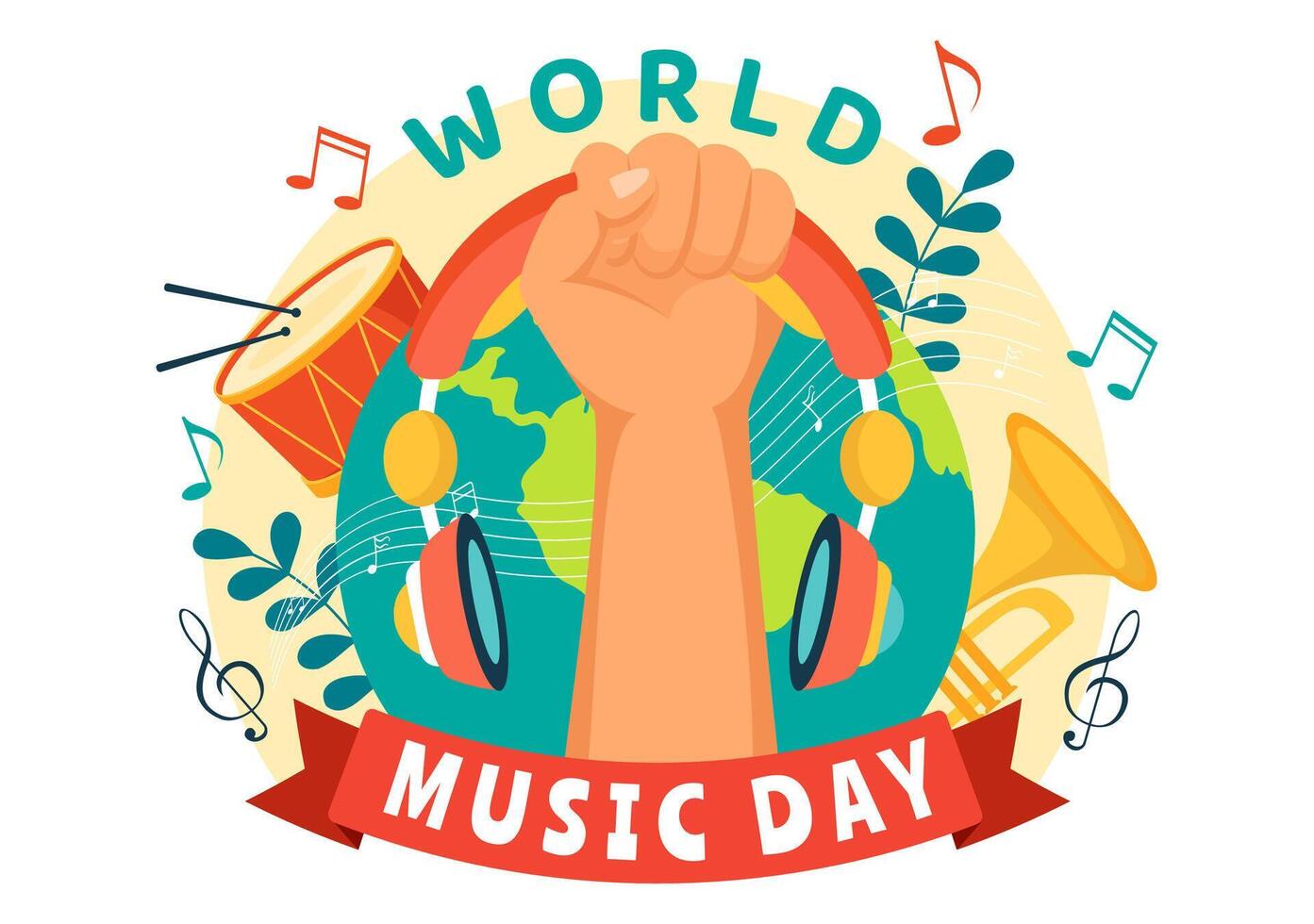 Welt Musik- Tag Vektor Illustration auf 21 Juni mit verschiedene Musical Instrumente und Anmerkungen im eben Karikatur Hintergrund Design