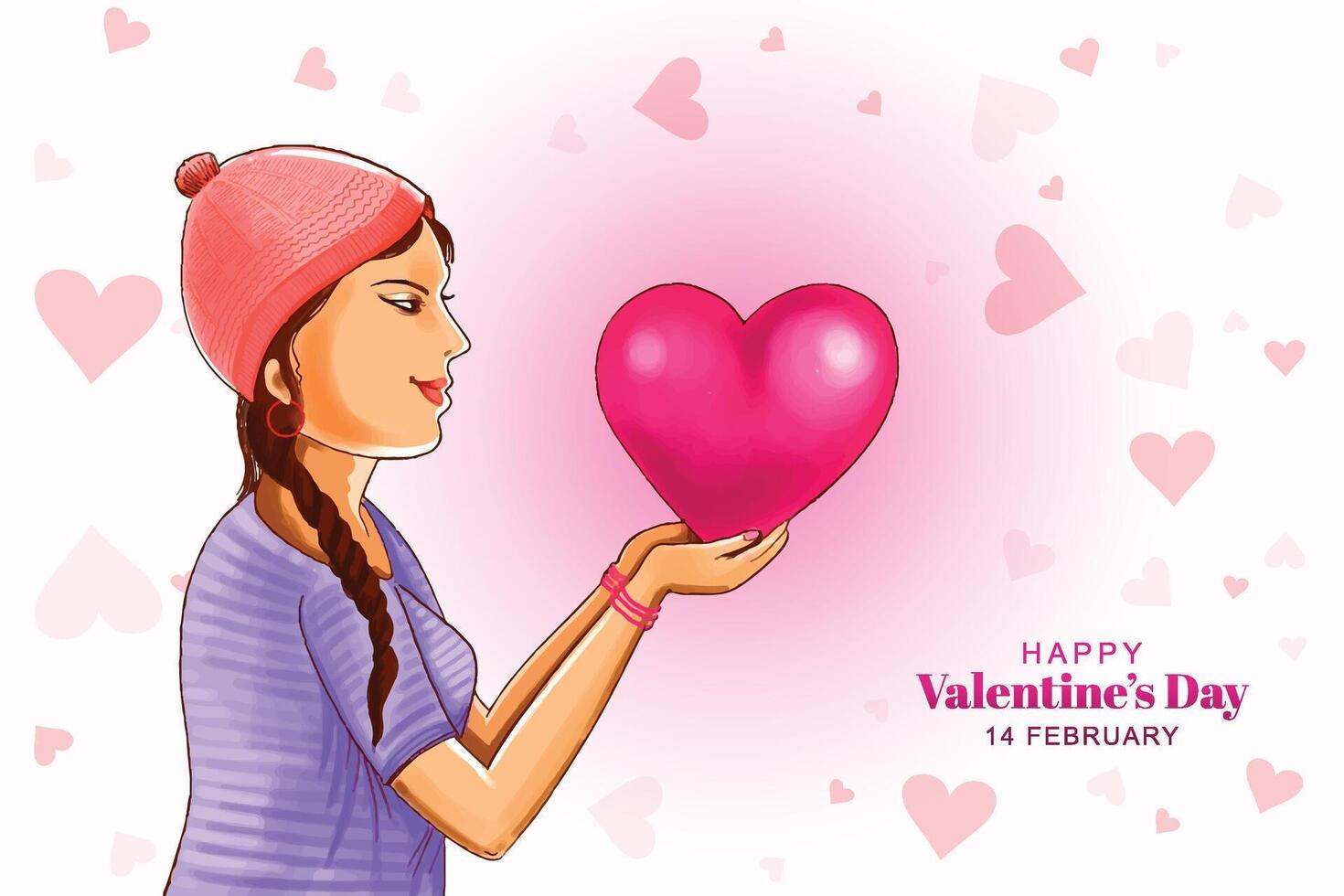 schön süß Mädchen Hand halten Herz zum Valentinsgrüße Tag Feier Karte Hintergrund vektor