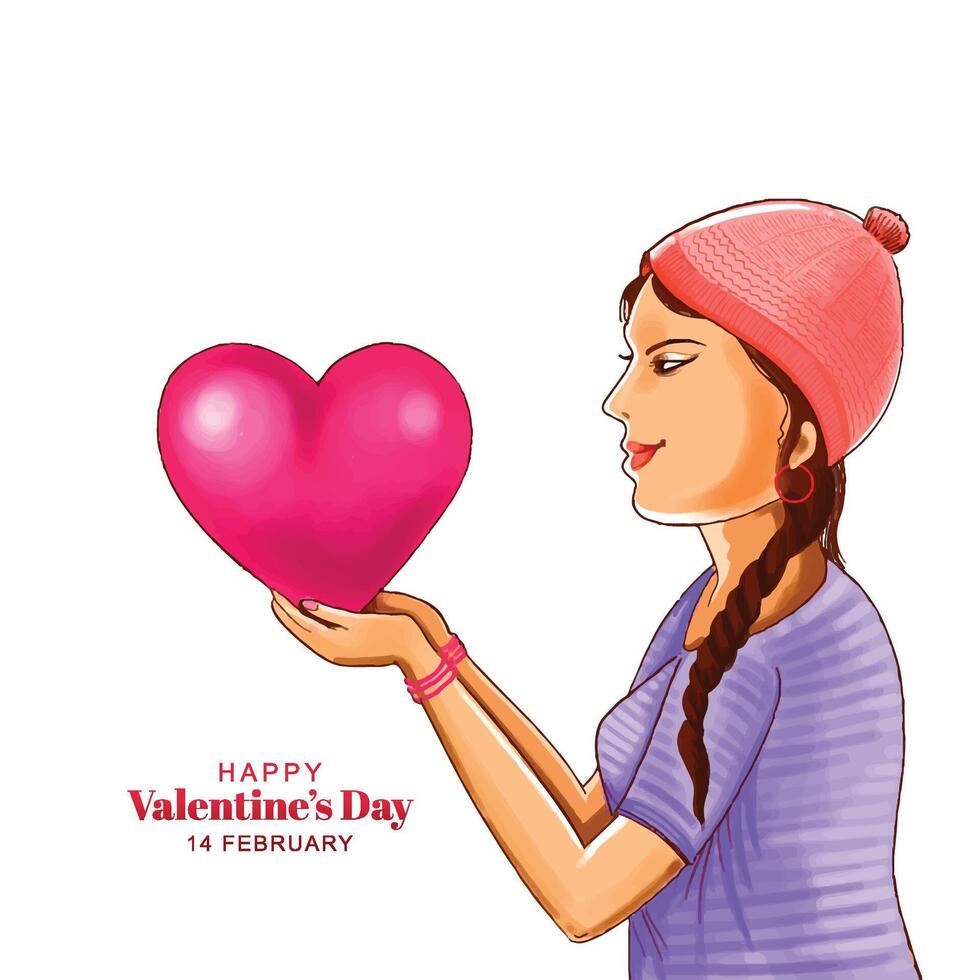 schön süß Mädchen Hand halten Herz zum Valentinsgrüße Tag Karte Hintergrund vektor