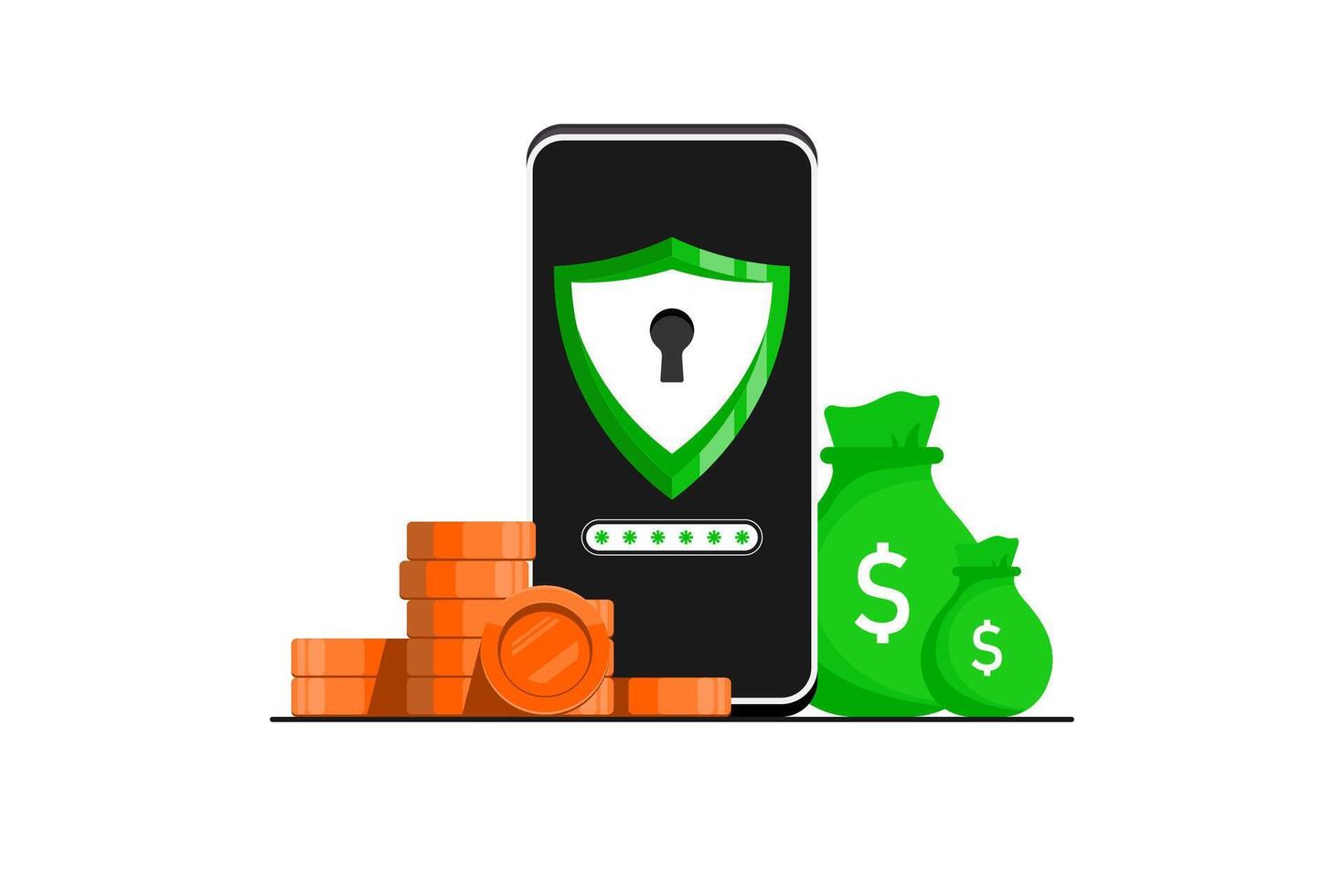 Sicherheit sicher finanziell Anwendung Konzept, Smartphone mit Gold Münze auf isoliert Hintergrund, Digital Marketing Illustration. vektor