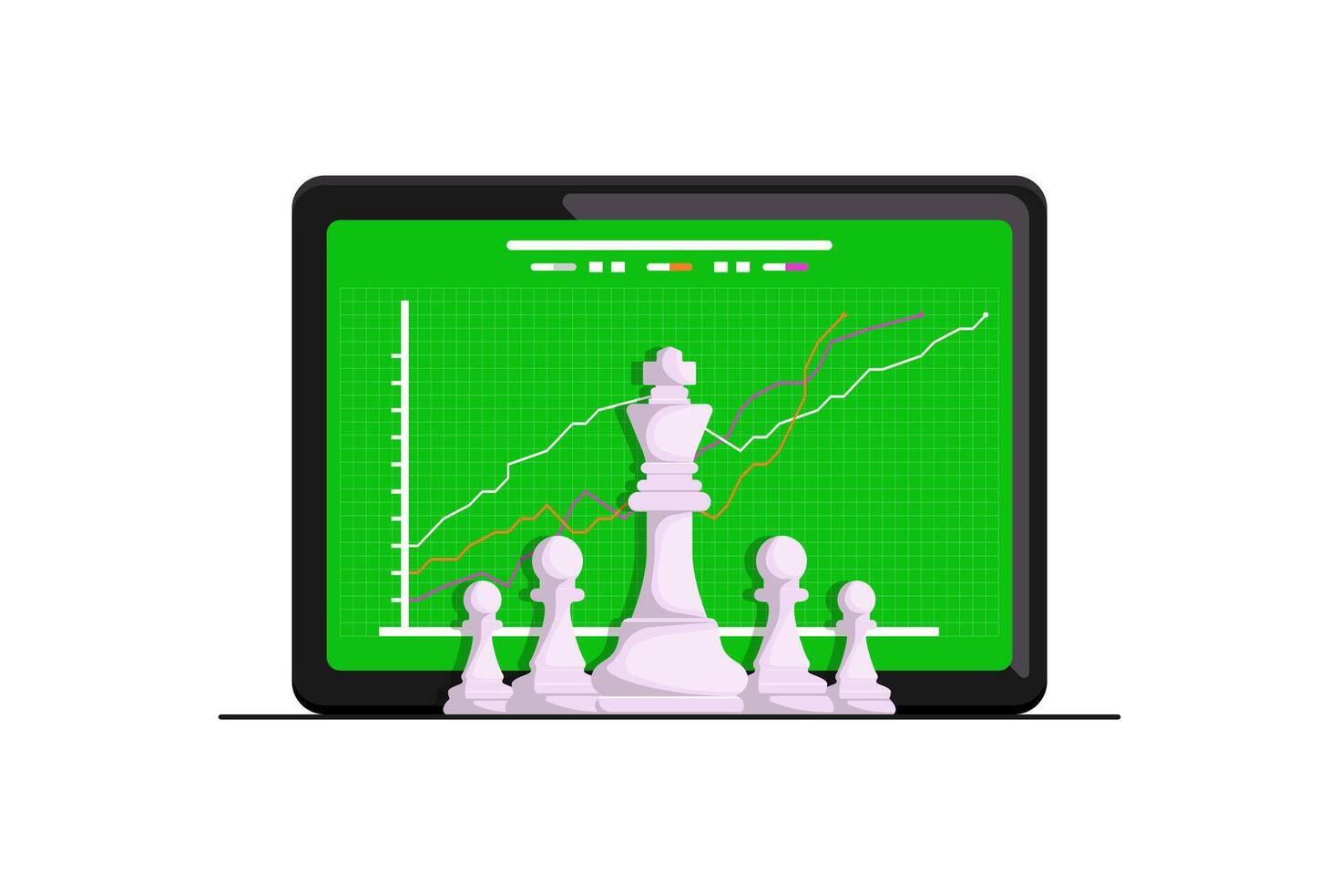 Geschäft stark Führung Konzept, Linien Graph auf Bildschirm mit König und Soldat Schach auf isoliert Hintergrund, Digital Marketing Illustration. vektor
