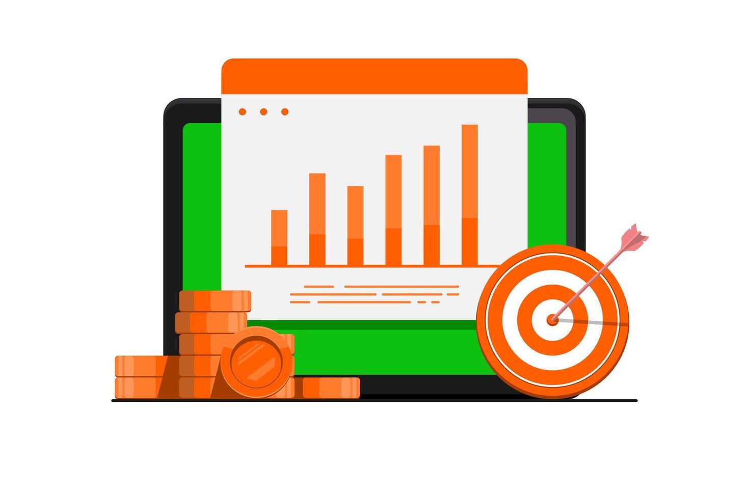 tillväxt finansiell Diagram begrepp, läsplatta med pil mål, guld mynt på isolerat bakgrund, digital marknadsföring illustration. vektor