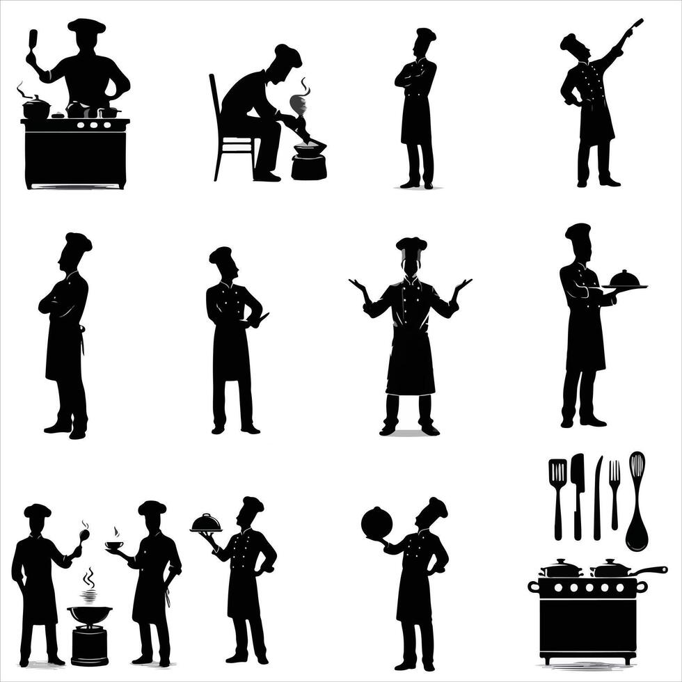 Druckchef Silhouette , Koch posiert Silhouette , Koch Stehen Silhouette , Kochen Silhouette , Essen Silhouette , Koch Charakter Silhouette , Küche Silhouette vektor