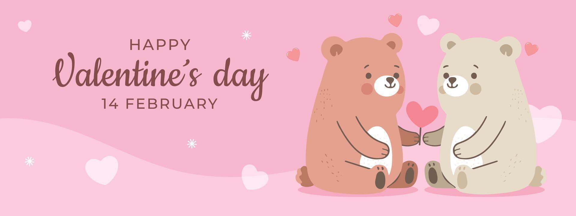 söt tecknad serie platt vektor djur- karaktär bebis teddy liten Björn docka par ger gåva röd hjärta form baner hemsida, Lycklig valentine dag text illustration hälsning kort högtider sändning kärlek Lycklig