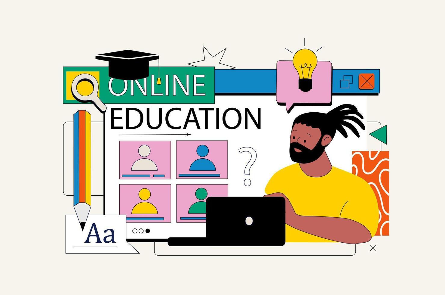 Bildung Konzept im eben Neo Brutalismus Design zum Netz. Schüler Lernen mit Video Klassenzimmer, studieren und recherchieren Information. Vektor Illustration zum Sozial Medien Banner, Marketing Material.