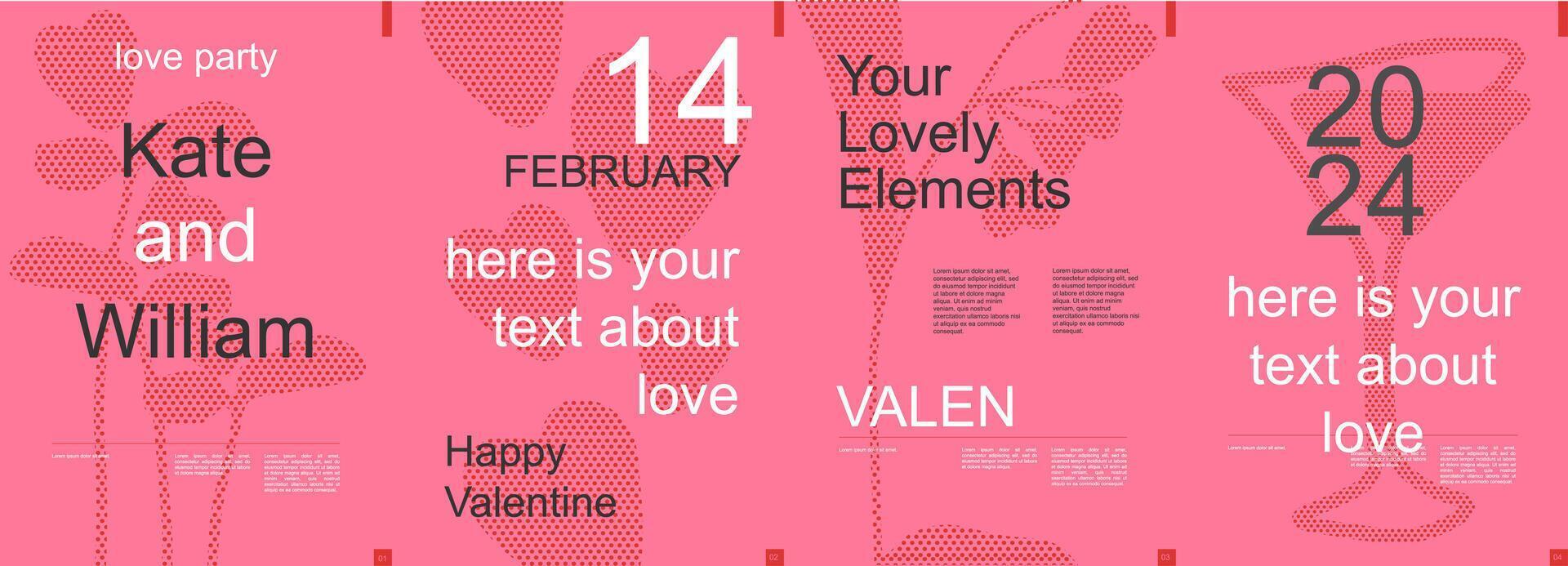 valentine dag modern baner med trendig minimalistisk typografi design. affisch mallar med blommor, växter och cocktails glas rosa silhuetter och text element för inbjudan. vektor illustration.