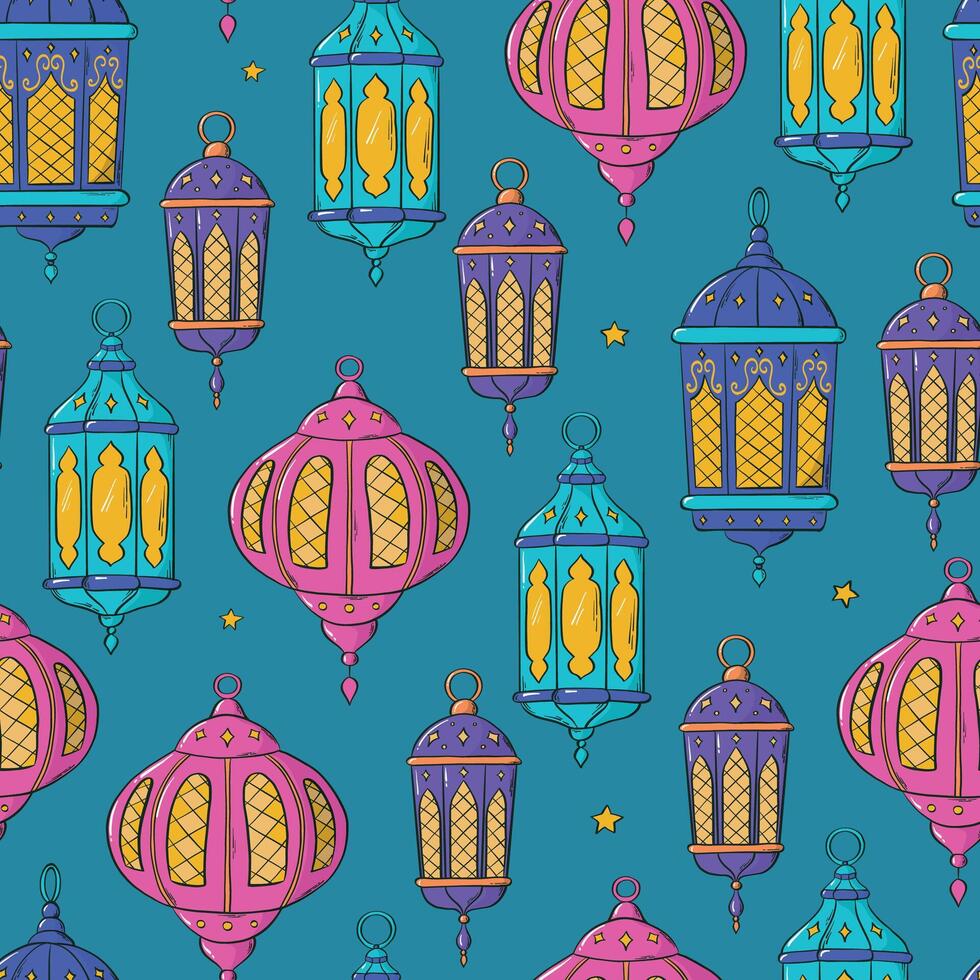 islamic lyktor sömlös mönster med doodled lampor för tapet, textil- grafik, Semester dekor, scrapbooking, omslag papper, förpackning, etc. eps 10 vektor