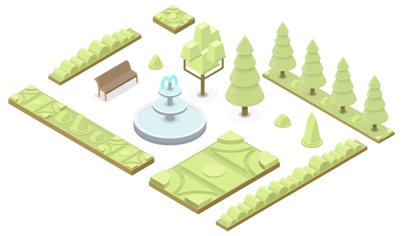 isometrisk parkera landskap element uppsättning med träd, buskar, fontän och blomma sängar vektor illustration