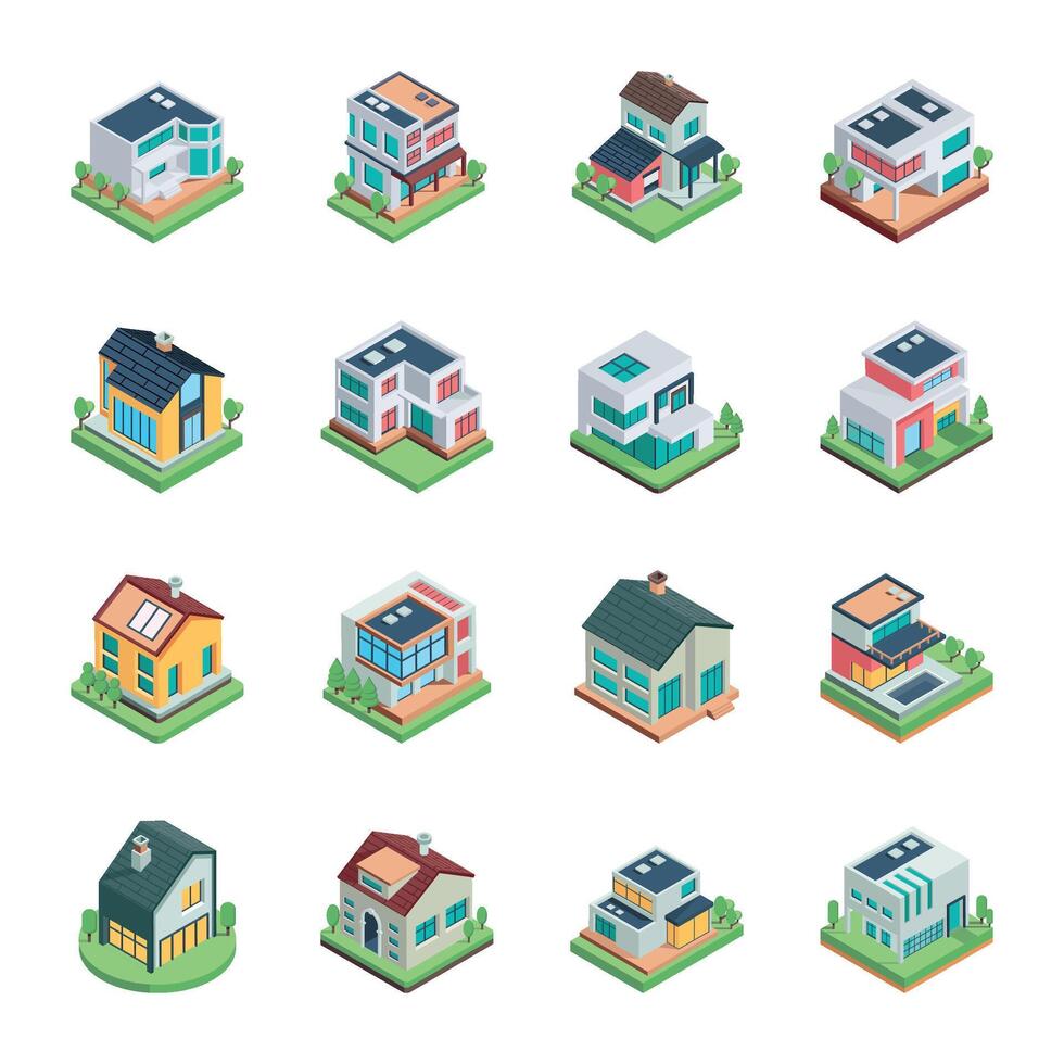 Häuser Gebäude isometrisch Symbole vektor