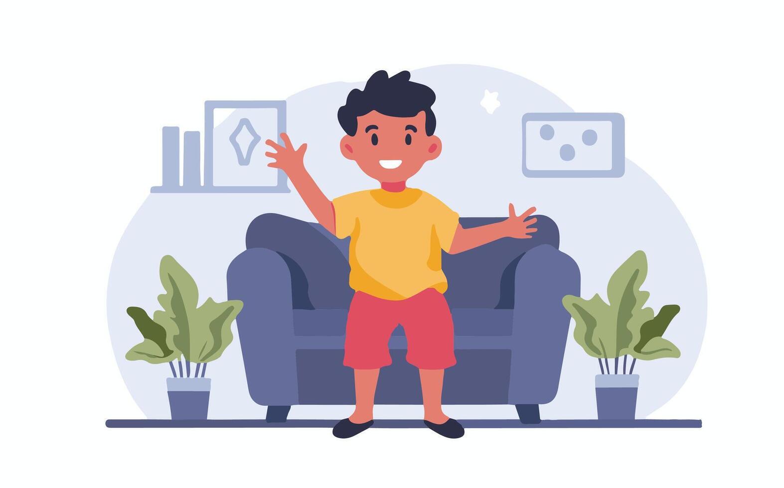 en pojke Sammanträde på en soffa med hans händer upp vektor