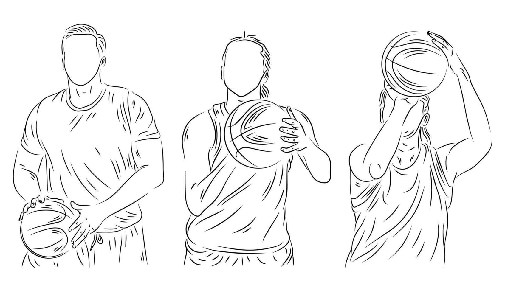 uppsättning av människor spelar basketboll linje konst illustration vektor