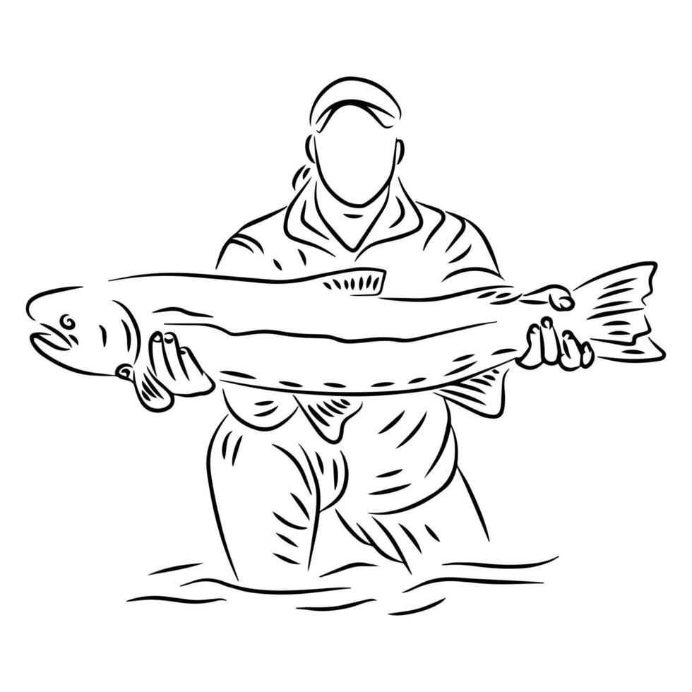 einstellen von Menschen Handhabung Fisch nach Angeln Linie Kunst Illustration vektor