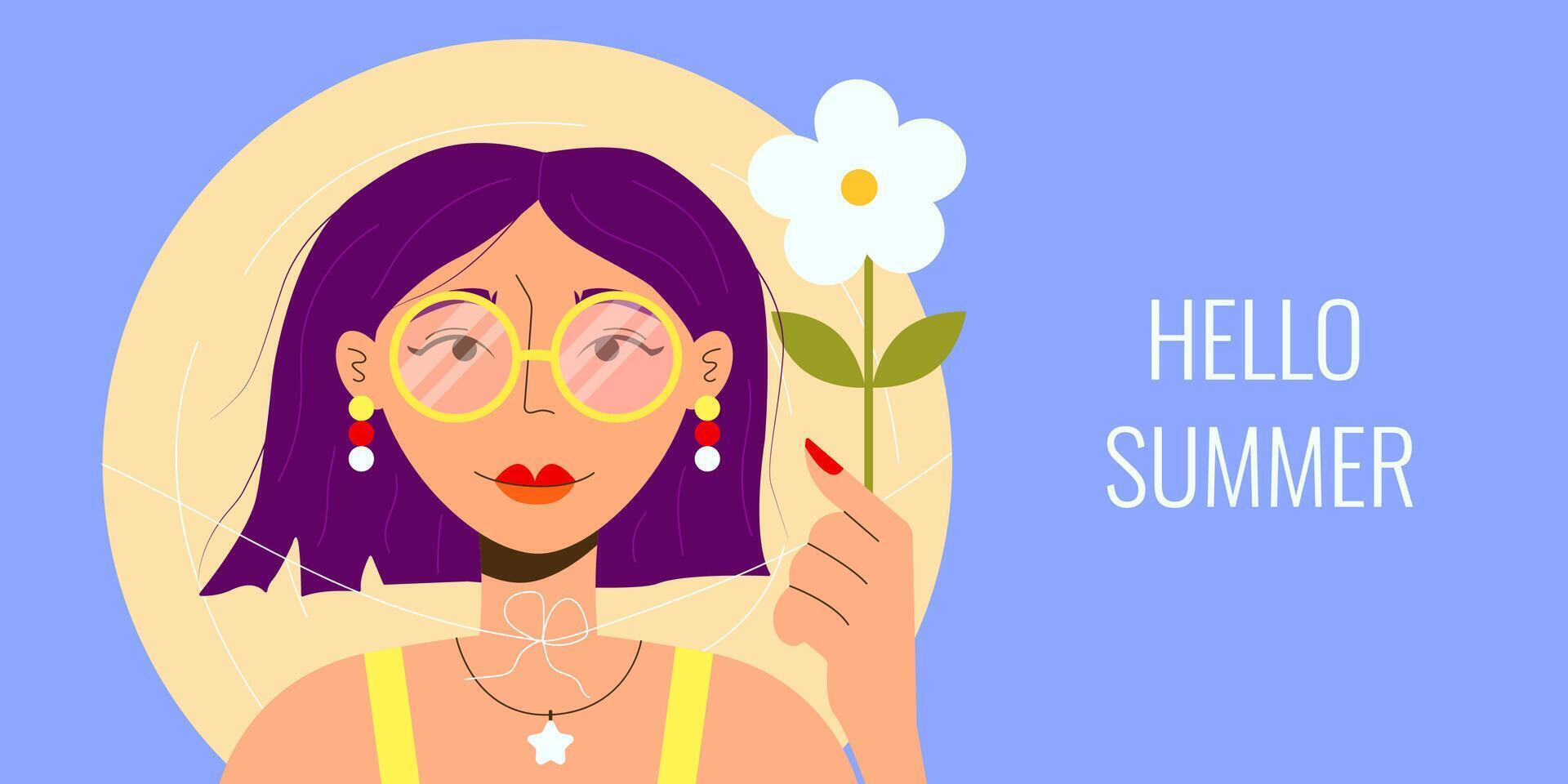 Banner von ein Mädchen mit ein Bob im Sonnenbrille und ein Stroh Hut halten ein Blume auf Ferien beim das Strand. Vektor Illustration von Ferien und Reise Konzept. Sommer- Speicher.