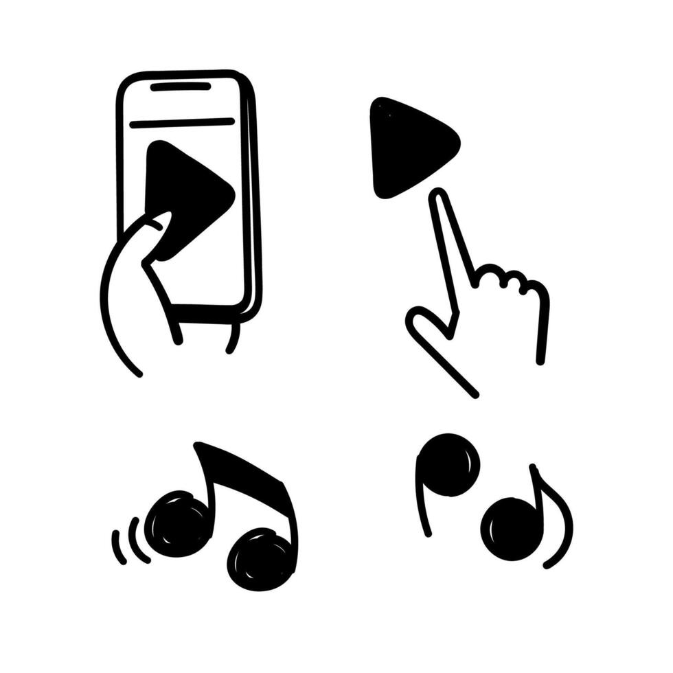 hand dragen klotter spela musik eller video knapp på mobil telefon vektor