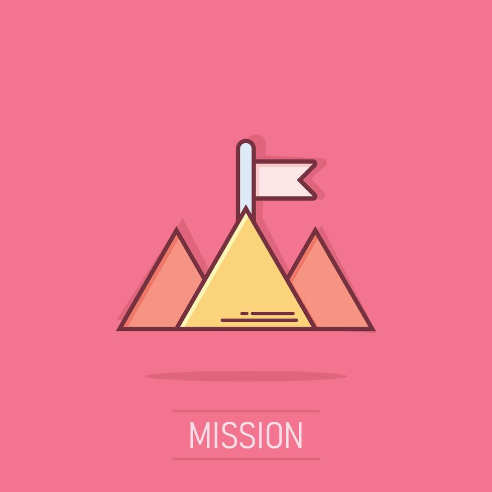 Mission Champion Symbol im Comic Stil. Berg Karikatur Vektor Illustration auf isoliert Hintergrund. Führung Spritzen bewirken Geschäft Konzept.