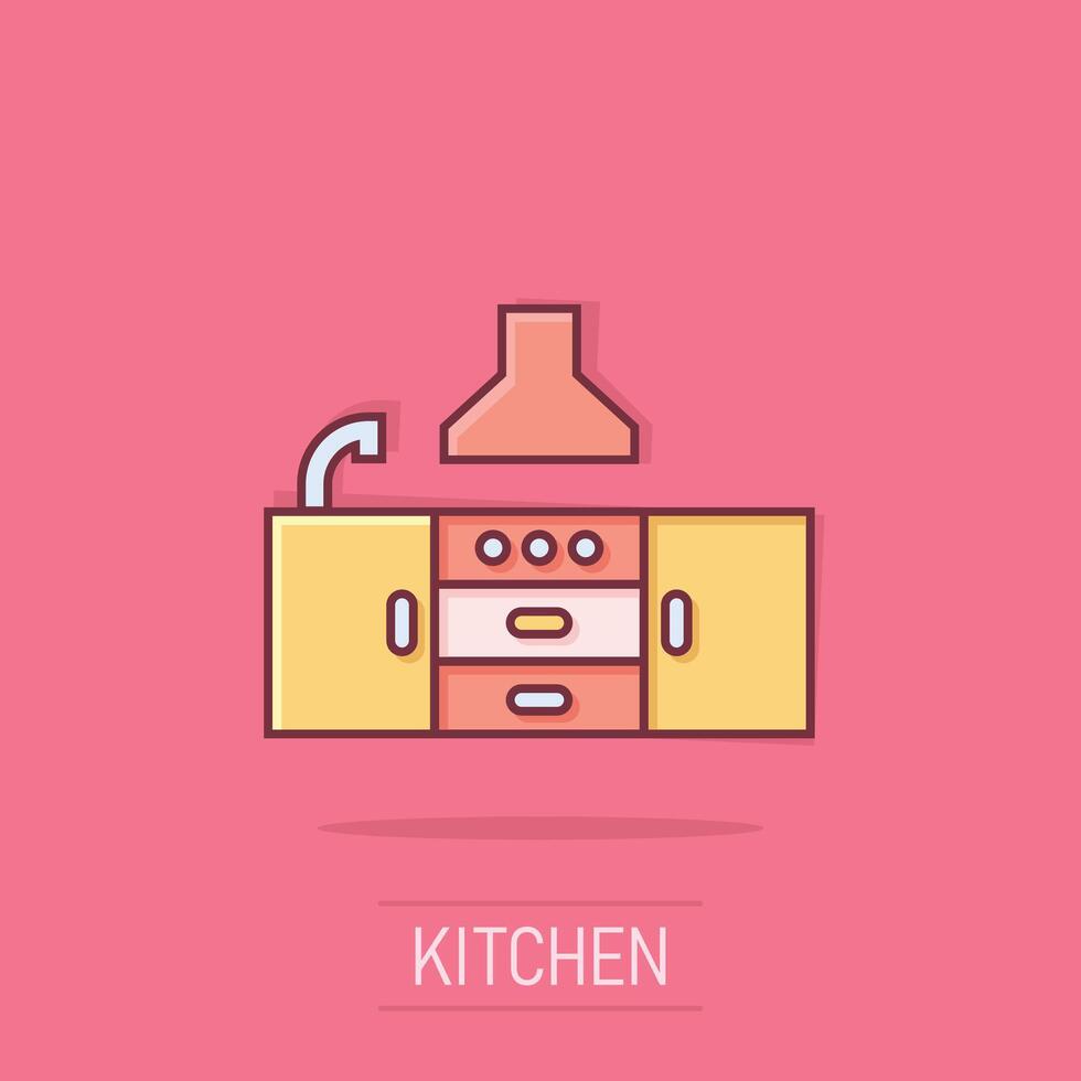 Küche Möbel Symbol im Comic Stil. Küche Karikatur Vektor Illustration auf isoliert Hintergrund. Kochen Zimmer Spritzen bewirken Geschäft Konzept.