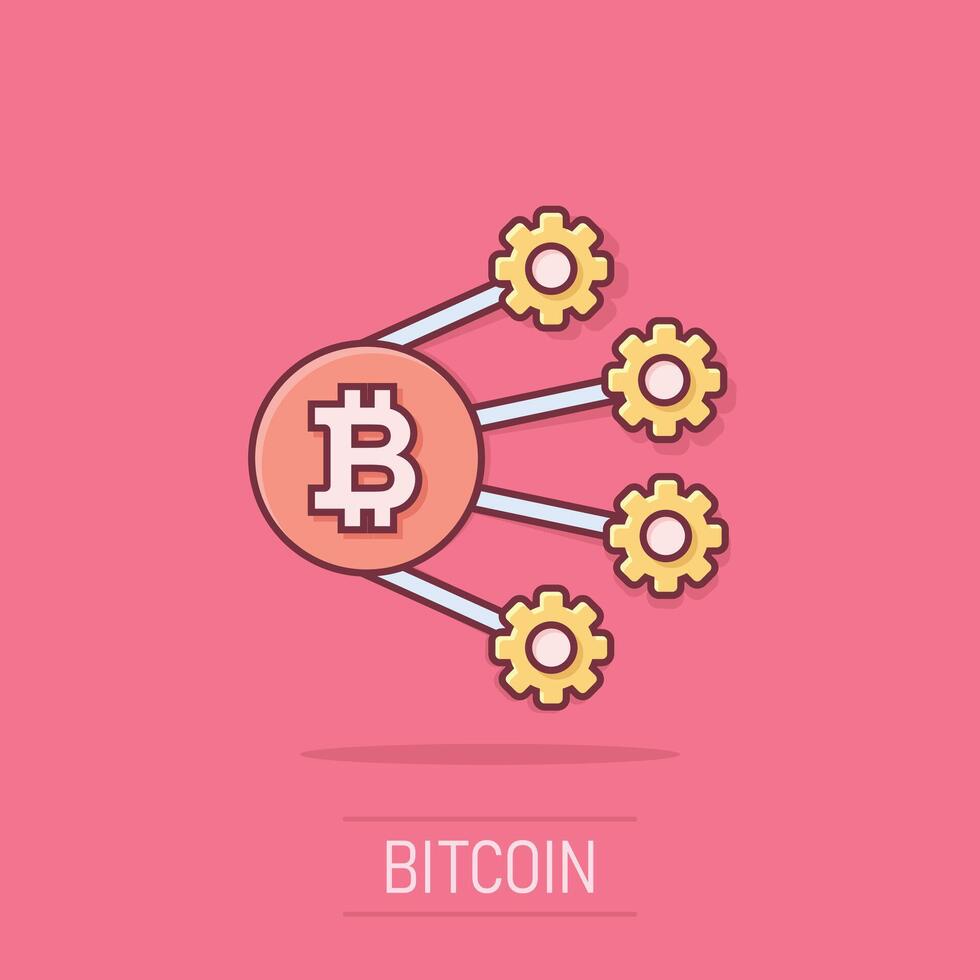Bitcoin Symbol im Comic Stil. Blockchain Karikatur Vektor Illustration auf isoliert Hintergrund. Kryptowährung Spritzen bewirken Geschäft Konzept.