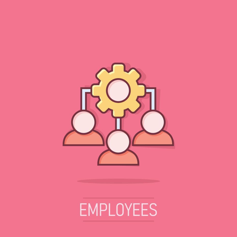 företag Träning ikon i komisk stil. redskap med människor tecknad serie vektor illustration på isolerat bakgrund. anställd förvaltning stänk effekt begrepp.