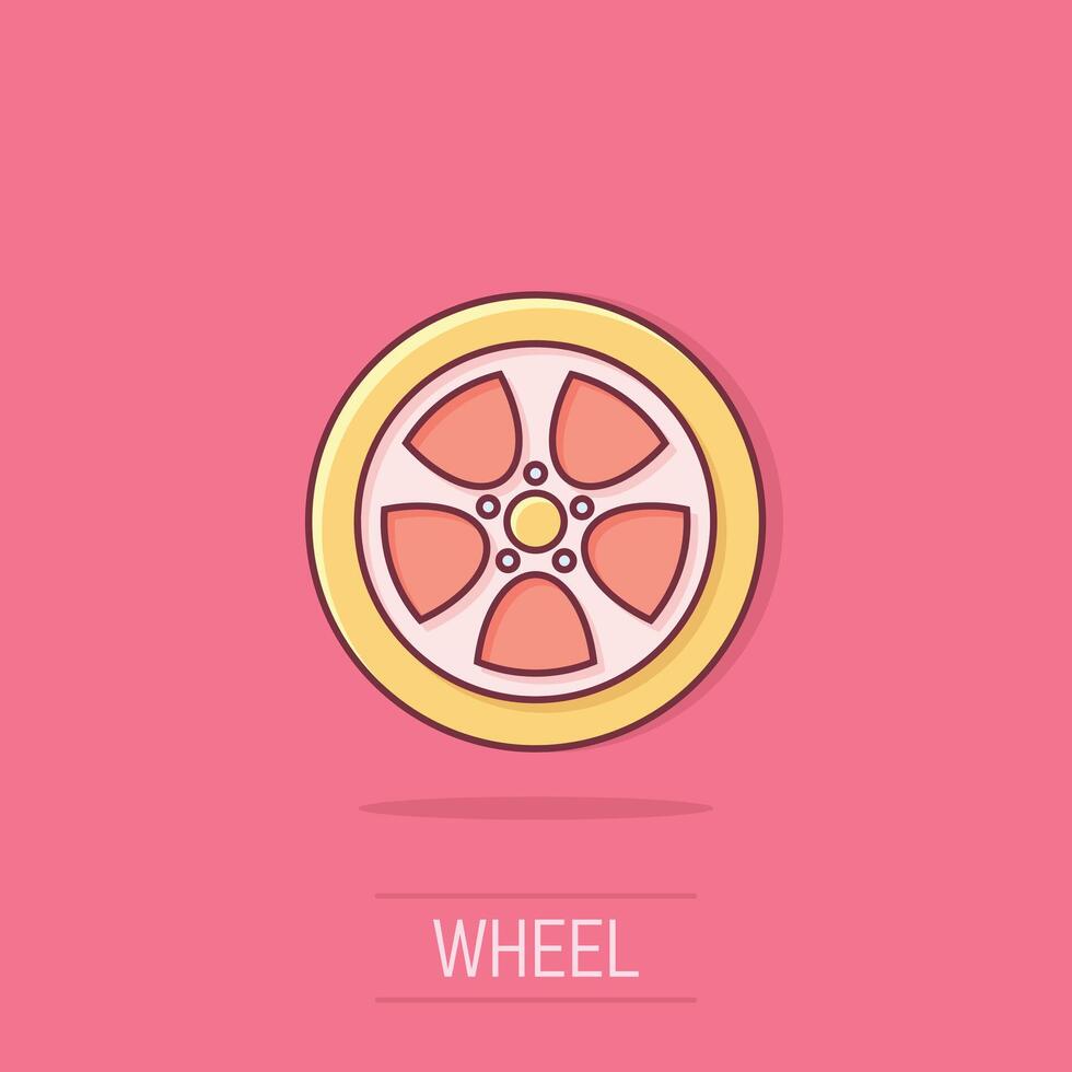 bil hjul ikon i komisk stil. fordon del tecknad serie vektor illustration på isolerat bakgrund. däck stänk effekt företag begrepp.