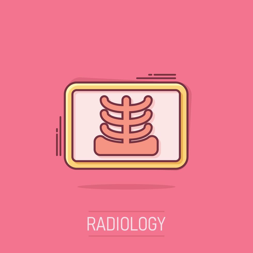 Röntgen Symbol im Comic Stil. Radiologie Karikatur Vektor Illustration auf isoliert Hintergrund. medizinisch Scan Spritzen bewirken Geschäft Konzept.