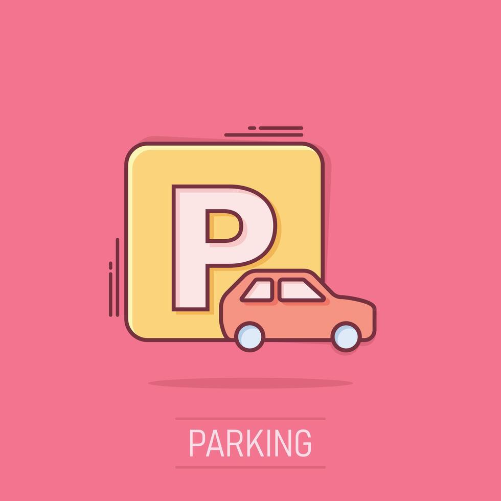 bil parkering ikon i komisk stil. bil stå tecknad serie vektor illustration på vit isolerat bakgrund. vägskylt stänk effekt företag begrepp.
