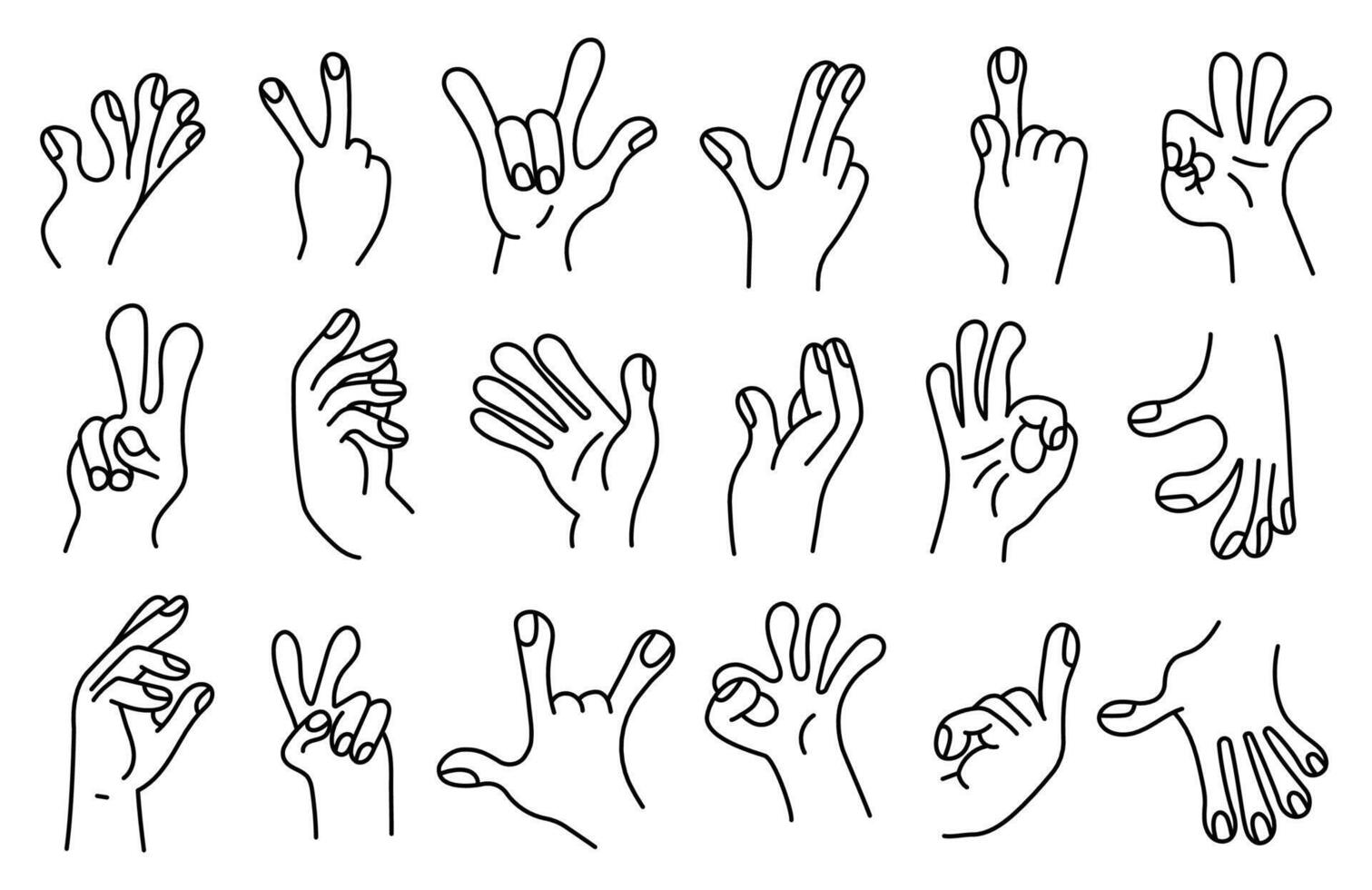 Sammlung von Geste Zeichen von Mensch Hände. ein einstellen von Finger zeigen Emotionen. Linie Geste Finger Design Elemente. Kommunikation Ausdrücke mit Hand Zeichen im Gekritzel Stil. Vektor editierbar Schlaganfall