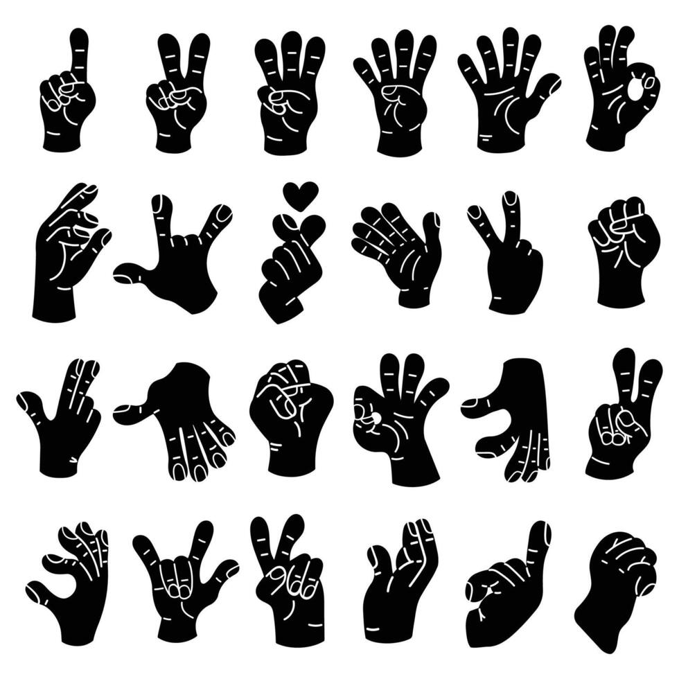 samling av gest tecken från mänsklig händer. en uppsättning av fingrar som visar känslor. silhuett gest finger design element. kommunikation uttryck med hand tecken i trendig stil. vektor ikon