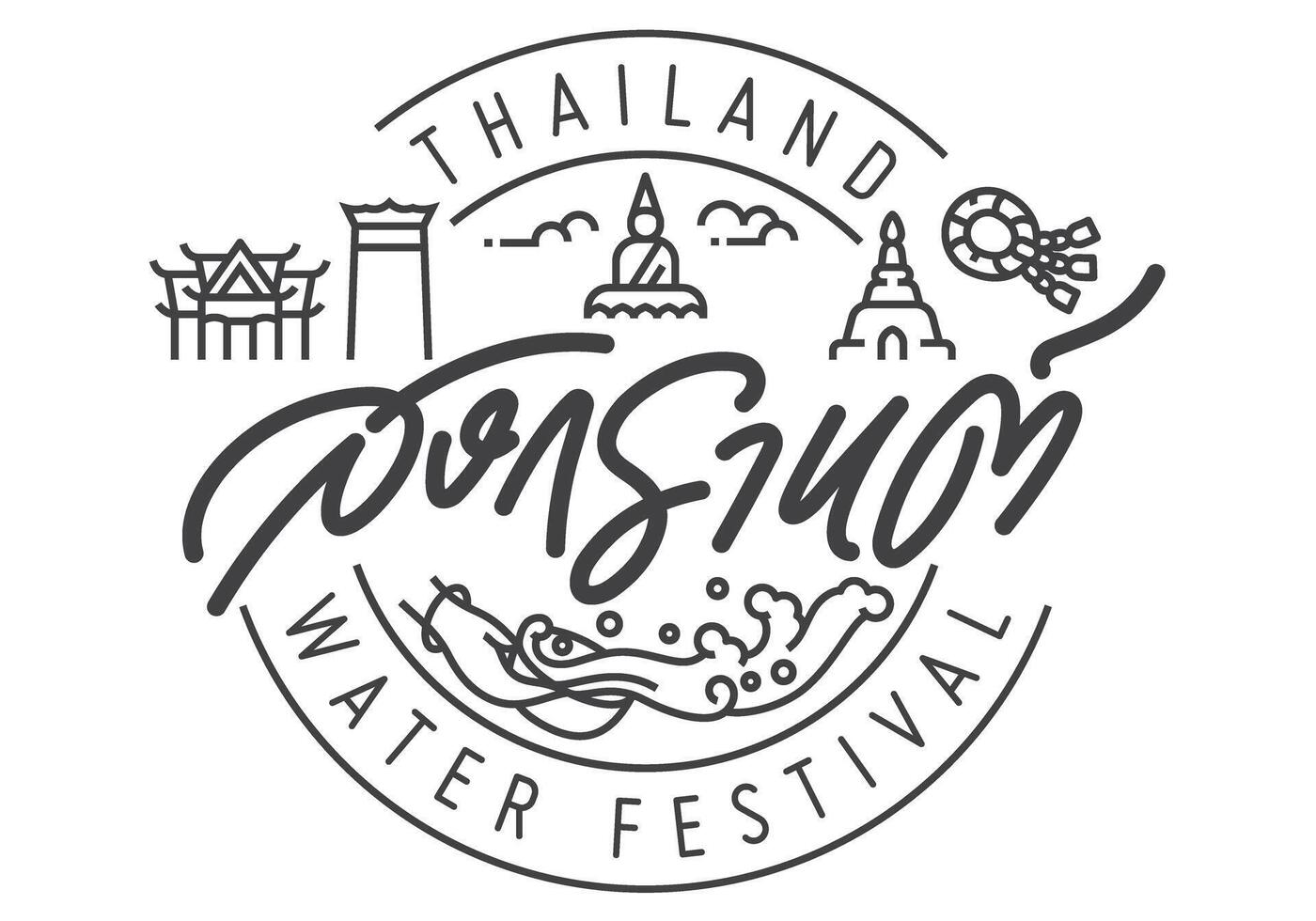 Songkran Thailand Wasser Festival Logo und Hand Beschriftung Design mit linear Symbol vektor