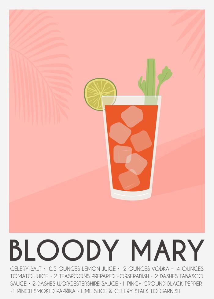 zeitgenössisch Poster blutig Maria Cocktail von Tomate Saft mit Sellerie Stengel und geschnitten Limette Stück. klassisch alkoholisch Getränk Rezept. modern modisch drucken. zeitgenössisch Mauer Kunst. Vektor Illustration.