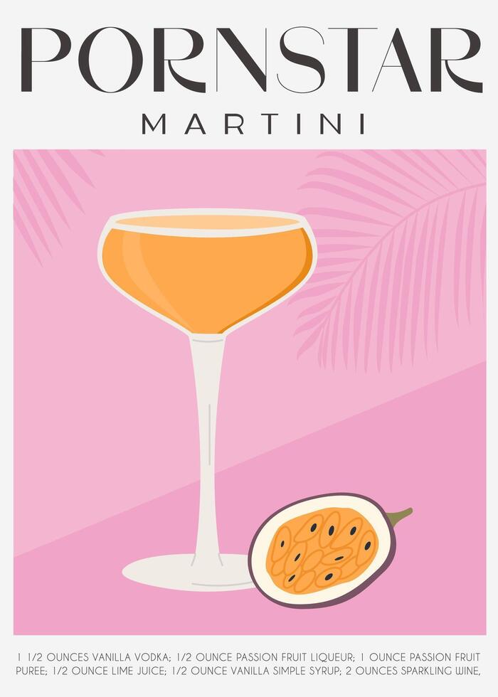 porrstjärna Martini cocktail garnerad med passionen frukt. klassisk alkoholhaltig dryck recept modern vägg konst skriva ut. sommar aperitif affisch. minimalistisk trendig alkoholhaltig dryck. vektor platt illustration.