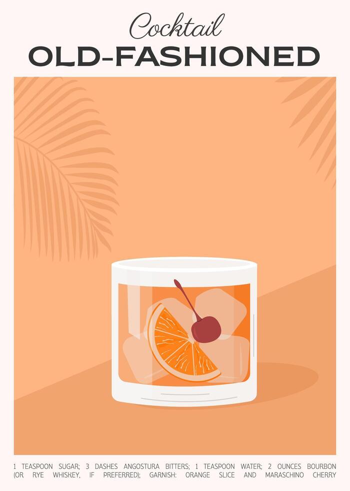 gammal fashioned cocktail på de stenar garnering med orange skiva och maraschino körsbär. whisky med is aperitif tropisk vertikal affisch. minimalistisk trendig alkoholhaltig dryck. vektor illustration.