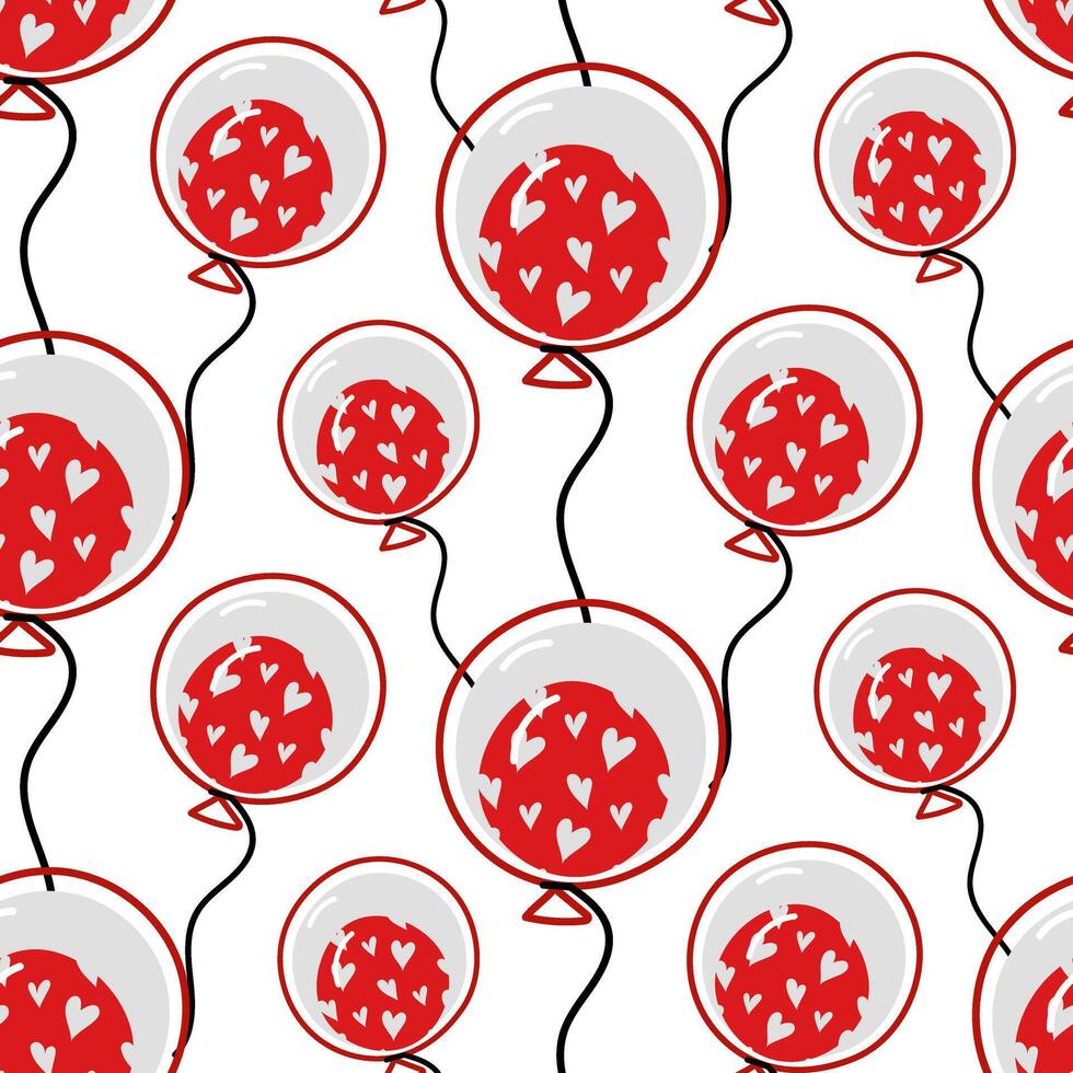 Ballon Muster ist gemacht im das gestalten von ein Kreis mit viele Herzen innen. Luftballons im ein nahtlos Vektor Zeichnung. festlich Zubehörteil zum Valentinstag Tag. handgemalt Zeichnungen. festlich Schwarz, rot