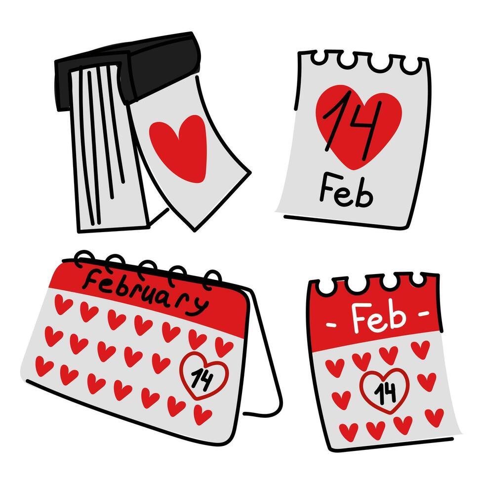 ein einstellen von Kalender markiert Februar 14 .. ist ein eben Gekritzel. Kalender Symbole zum Valentinstag Tag. ein einstellen von Liebesthema romantisch Datum Tag. ein romantisch Datum. das Thema von Liebe ist Universal- Schwarz, rot Farben vektor