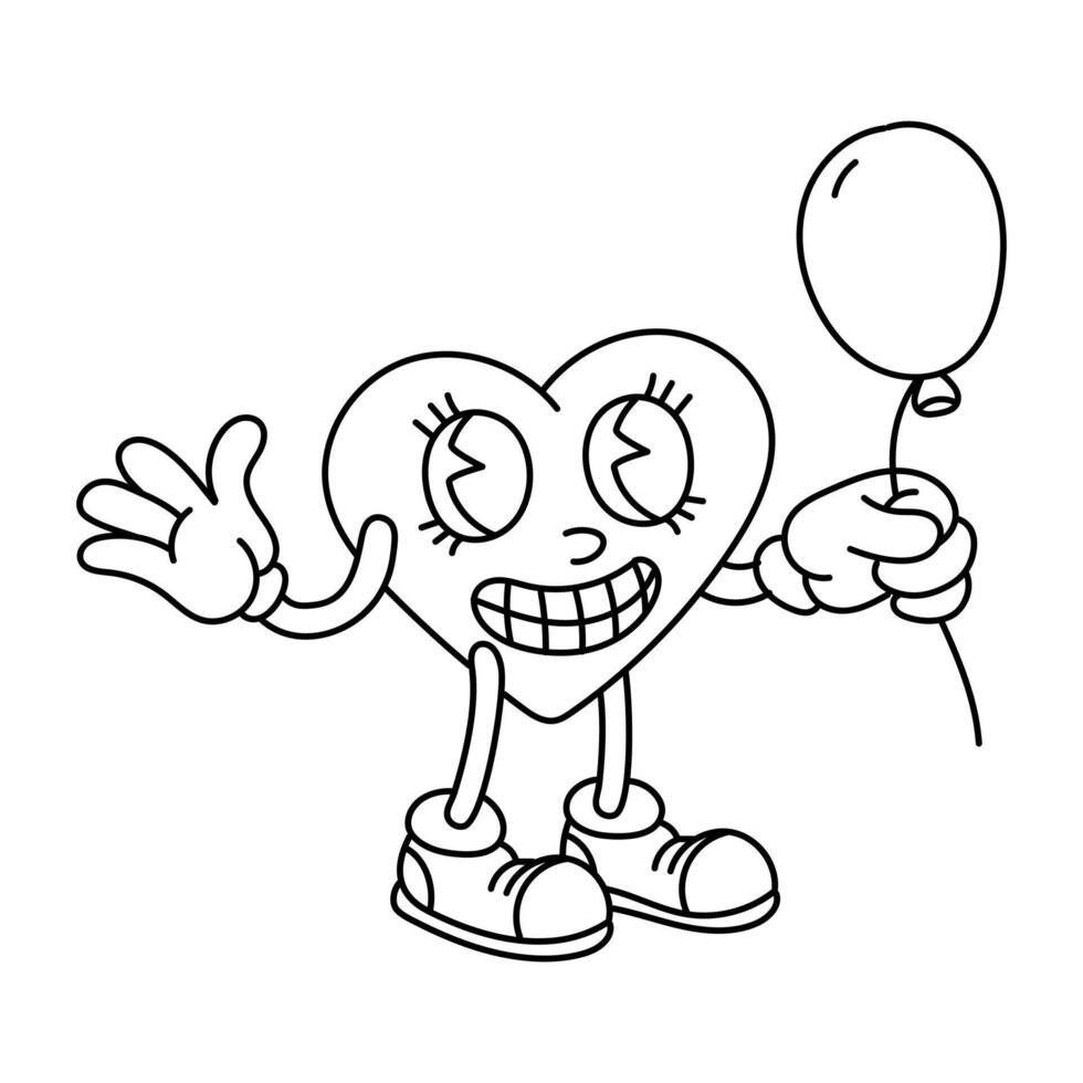 ein Kontur Bild von ein retro Herz halten ein Ballon im es ist Hände. ein männlich Charakter im ein herzförmig retro Karikatur Stil, isoliert auf ein Weiß Hintergrund. Vektor Illustration von das Gekritzel Linie