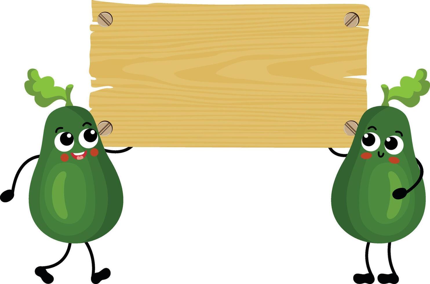 zwei komisch Grün Avocados halten ein leeren hölzern Tafel vektor