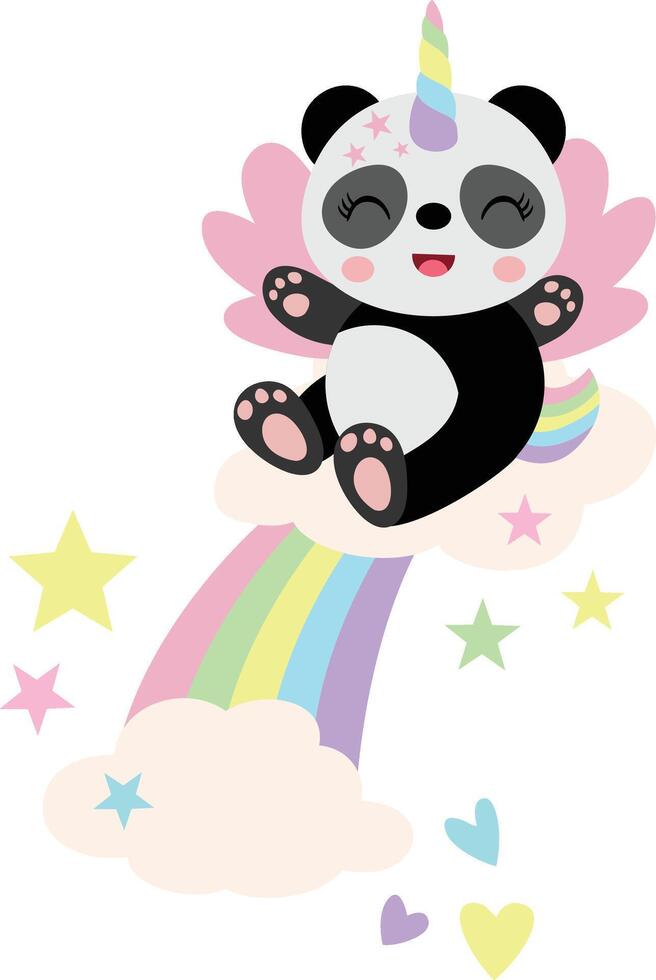 Einhorn Panda auf Regenbogen mit Wolken vektor