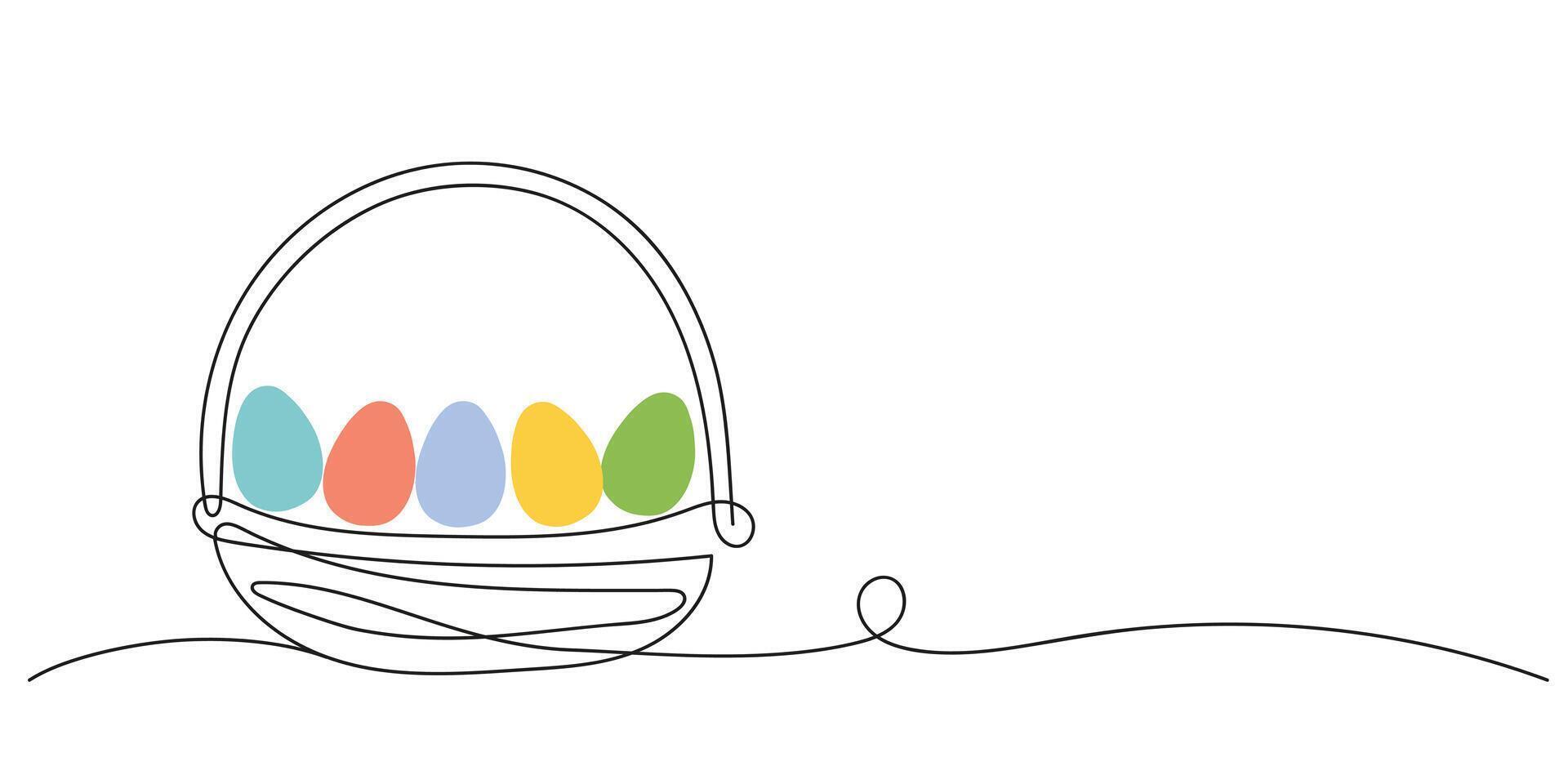 Korbweide Korb mit bunt Ostern Eier. kontinuierlich einer Linie Zeichnung. Vektor Illustration isoliert auf Weiß Hintergrund. minimalistisch Stil. perfekt zum Ostern Werbeaktionen, Gruß Karten, Urlaub Banner