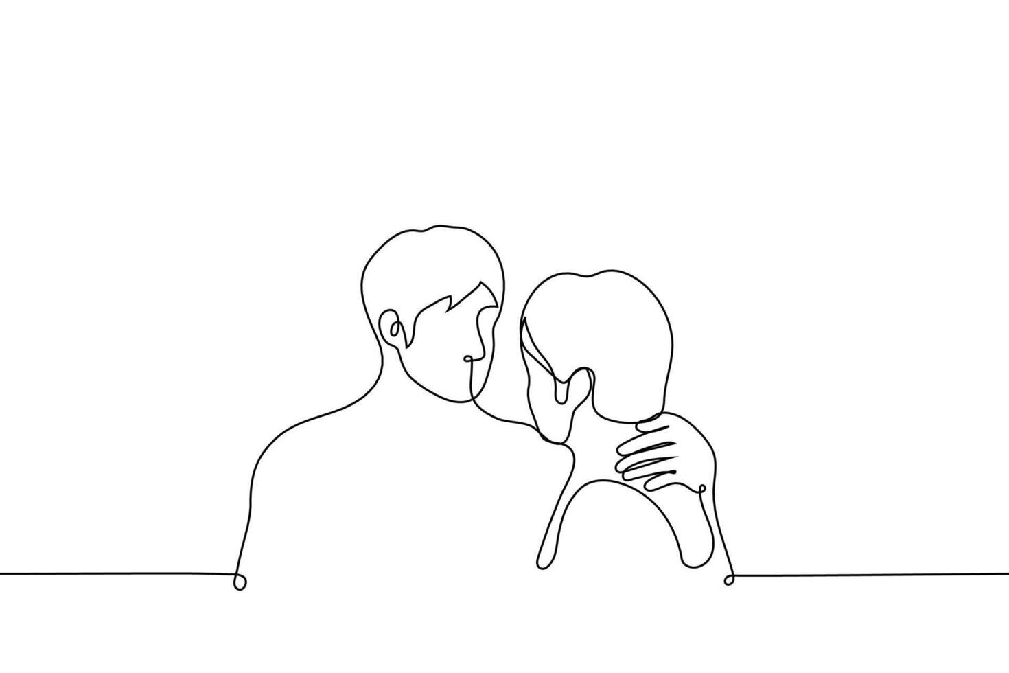 einer Mann umarmt Ein weiterer durch das Hals und sieht aus in seine Gesicht - - einer Linie Zeichnung Vektor. Konzept von emotional Unterstützung, Hautschiff im Beziehungen, männlich Freundschaft vektor