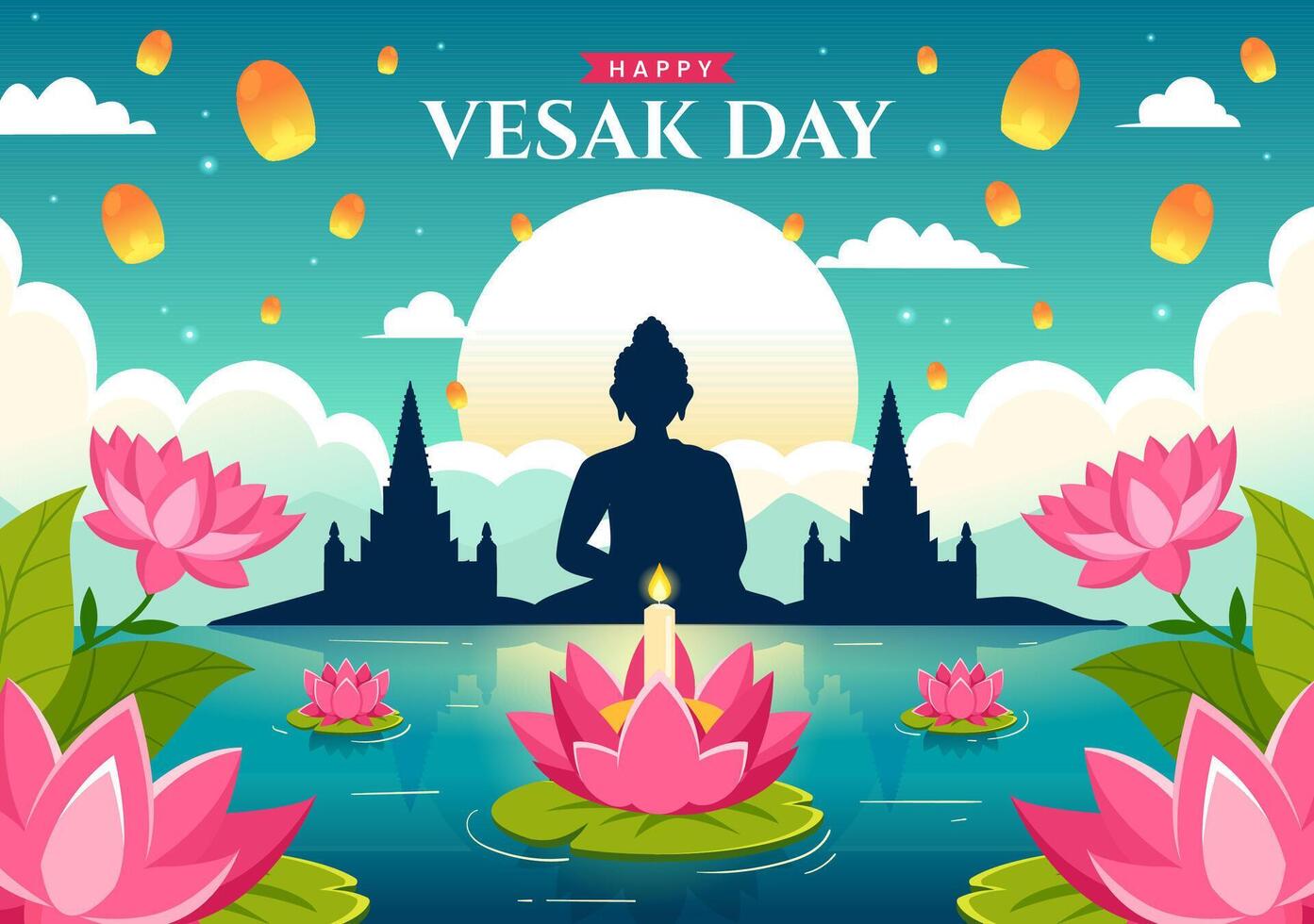 Vesak dag firande vektor illustration med tempel silhuett, lotus blomma, lykta eller buddha person i Semester platt tecknad serie bakgrund