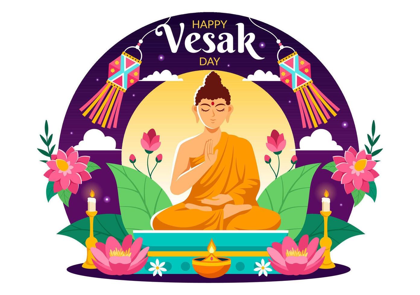 Vesak dag firande vektor illustration med tempel silhuett, lotus blomma, lykta eller buddha person i Semester platt tecknad serie bakgrund