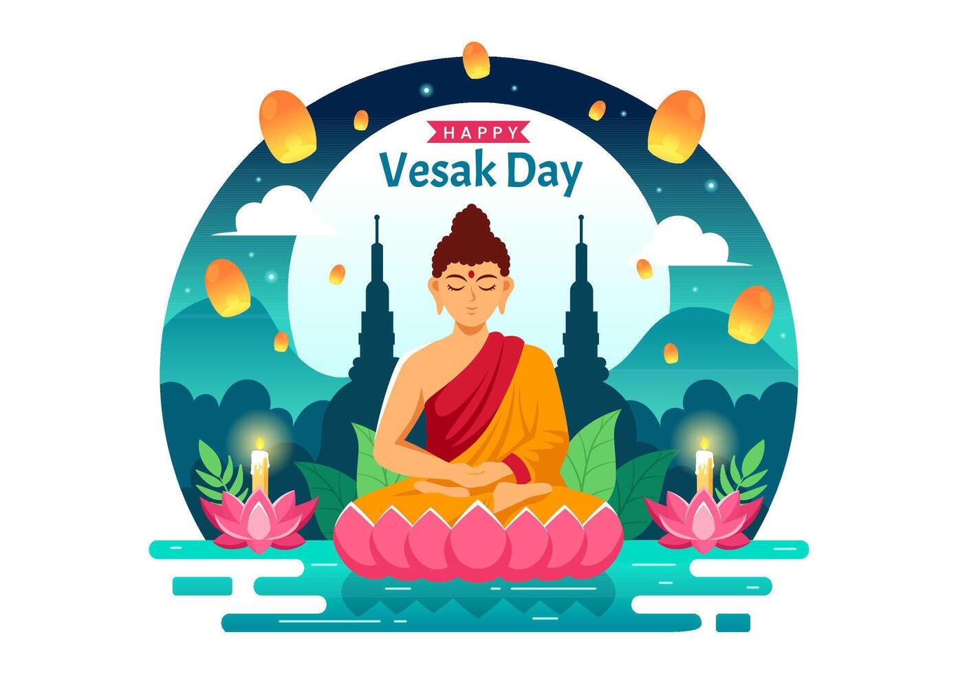 Vesak dag firande vektor illustration med tempel silhuett, lotus blomma, lykta eller buddha person i Semester platt tecknad serie bakgrund