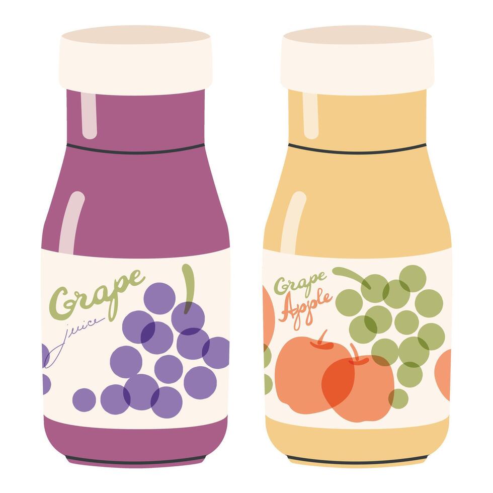 Traube und Apfel Saft Flaschen. Vektor Hand gezeichnet Karikatur Obst trinken Flaschen Illustration auf ein Weiß Hintergrund. hilfreich organisch fruchtig Wasser. Glas Flaschen von Sommer- Erfrischung.
