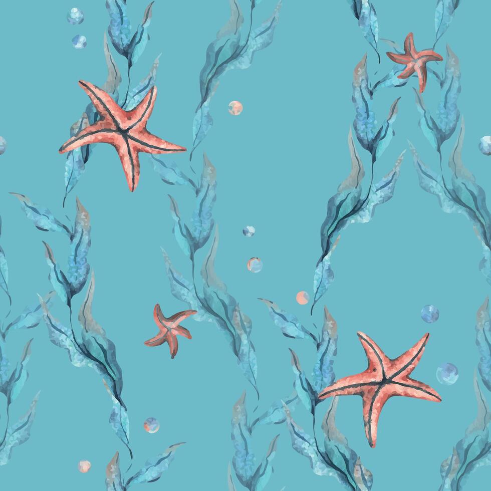 under vattnet värld ClipArt med hav djur, bubblor, sjöstjärna och alger. hand dragen vattenfärg illustration. sömlös mönster på en blå bakgrund. vektor