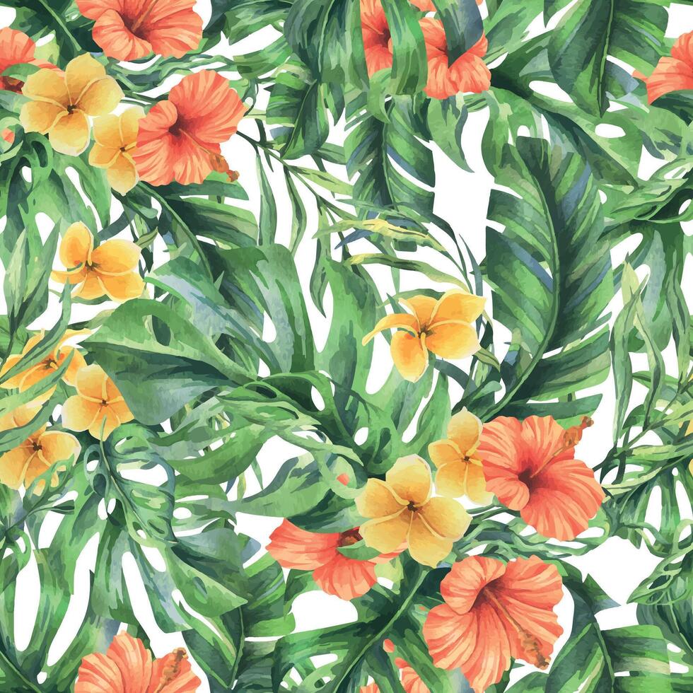 tropisch Palme Blätter, Monstera und Blumen von Plumeria, Hibiskus, hell saftig. Hand gezeichnet Aquarell botanisch Illustration. nahtlos Muster auf ein Weiß Hintergrund. vektor