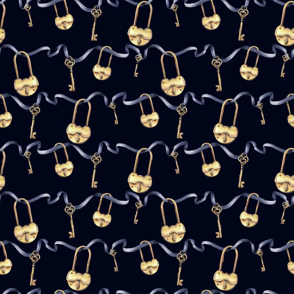 golden Schlüssel und Schlösser suspendiert auf ein dunkel Blau Schleife. Hand gezeichnet Aquarell Illustration. nahtlos Muster auf ein dunkel Hintergrund. Vektor eps