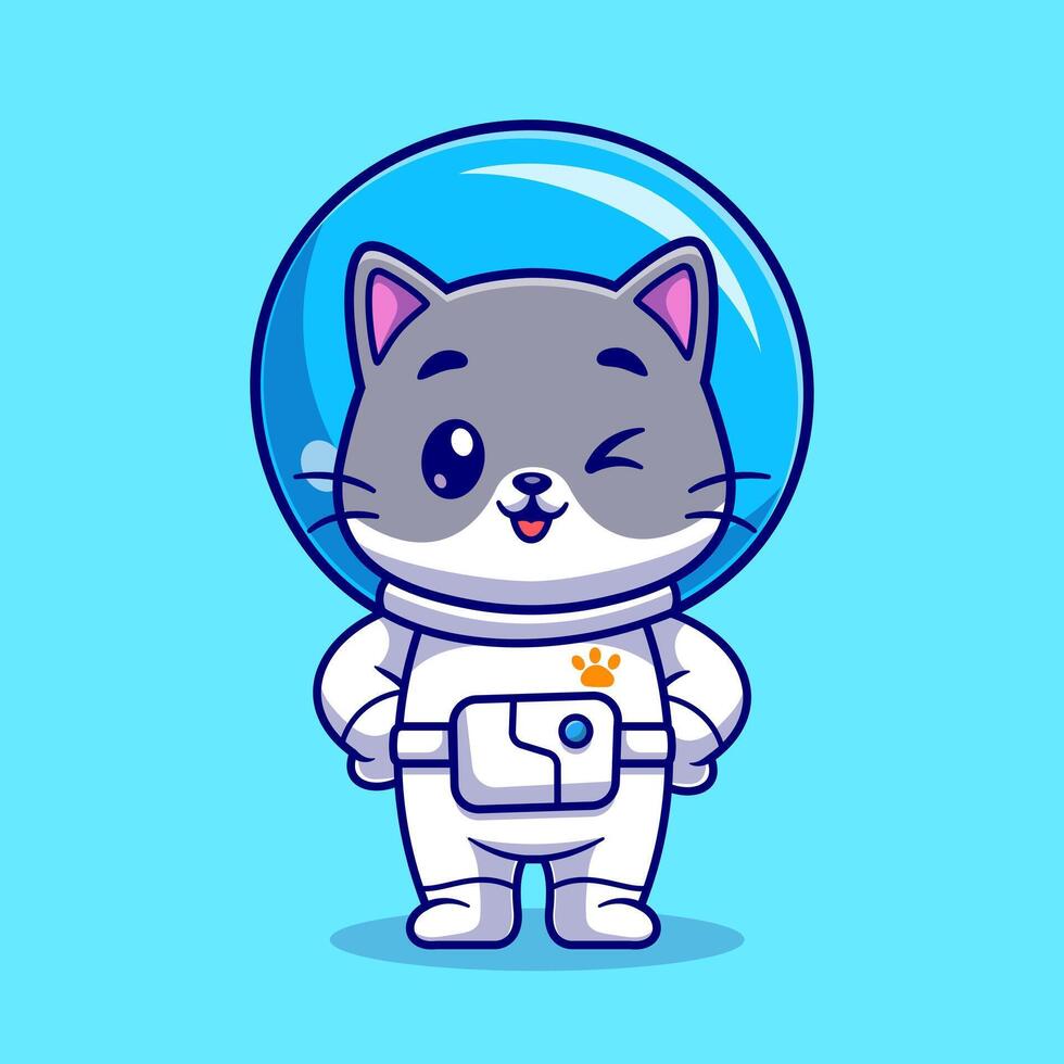 söt katt astronaut stående tecknad serie vektor ikon illustration. djur- vetenskap ikon begrepp isolerat premie vektor. platt tecknad serie stil